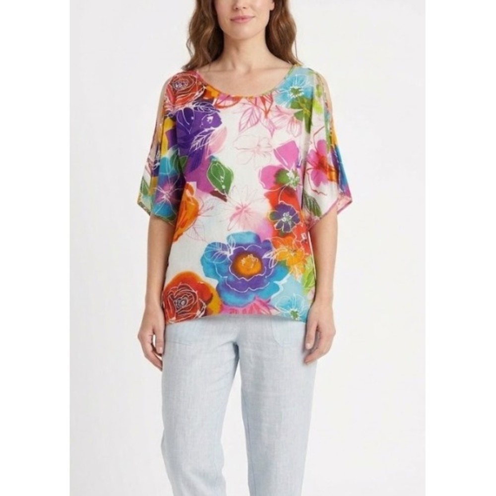 Jams World Lille Top XS Multicolor Floral Split Sleeve Rayon Hawaiian Relaxed